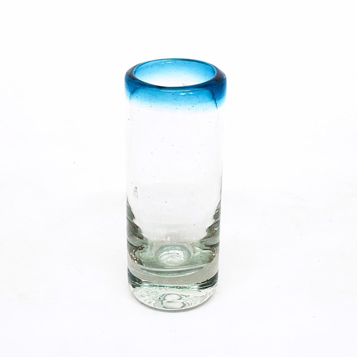 Wholesale MEXICAN GLASSWARE / Aqua Blue Rim 2 oz Tequila Shot Glasses  / Reminiscent of the turquoise Caribbean waters of Tulum, our Aqua Blue Rim shot glasses are perfect for enjoying mezcal or any other liquor.